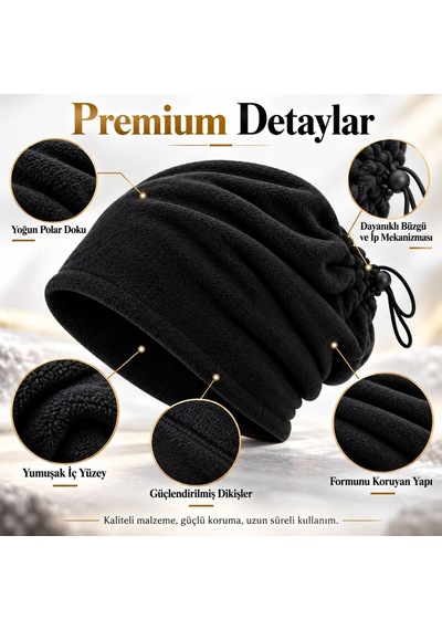 Elitse Unisex Premium Polar Bere Boyunluk 2'si 1 Arada Sıcak Tutan Rüzgar Korumalı Outdoor Kışlık Siyah Şık