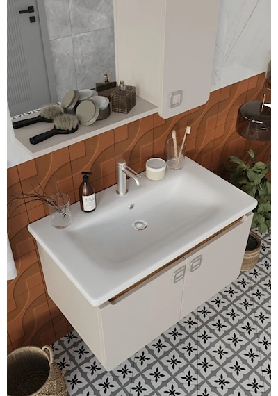 Selvi 80 Cm %100 Mdf Lavabolu Banyo Dolabı Aynalı Dolaplı Üst Dolap Lavabo Krem