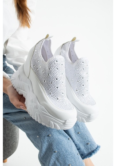 Dabab Shoes Olıvıa Beyaz Taş Detaylı 10 Cm Gizli Topuk Platform Slip-on Sneaker Ayakkabı