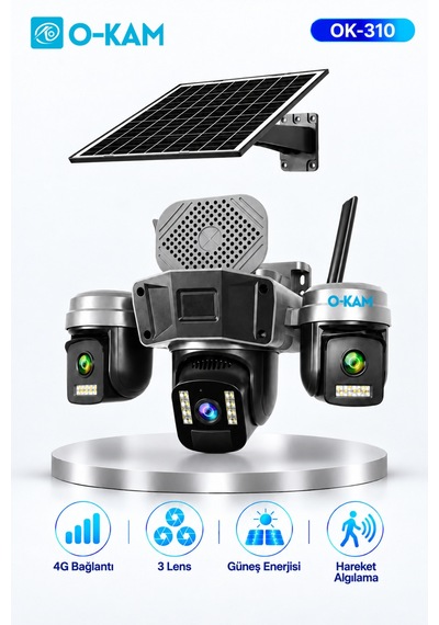 O-kam Ok-310 4g 3 Lensli Güneş Panelli Sirenli Güvenlik Kamerası