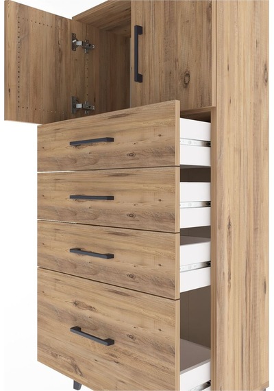 Arges Dolap Tek Raflı 4 Çekmeceli 2 Kapaklı 60x30x134 Çam-çam Atlas Çam