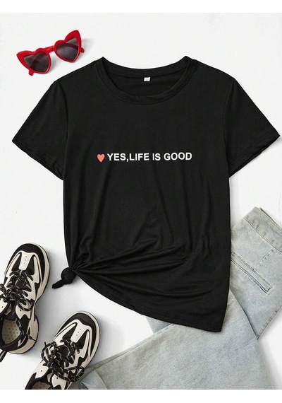 Flood Of Style Kadın Siyah Life İs Good Baskılı Oversize