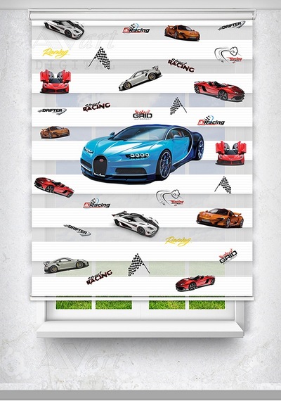 Mavi Bugatti Ve Spor Arabalar Baskılı Çocuk Odası Perdesi - Dijital Baskılı Zebra Stor Perde Çok Renkli
