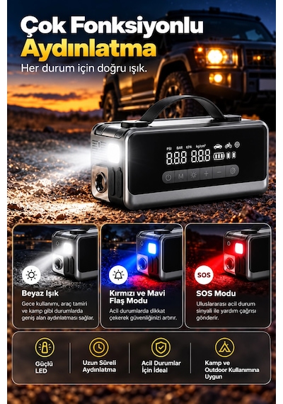 Kensa Hp-14 Oto Akü Takviye Cihazı 18000 Mah Powerbank Lastik Şişirme Kompresörü Şarjlı Araç Süpürge