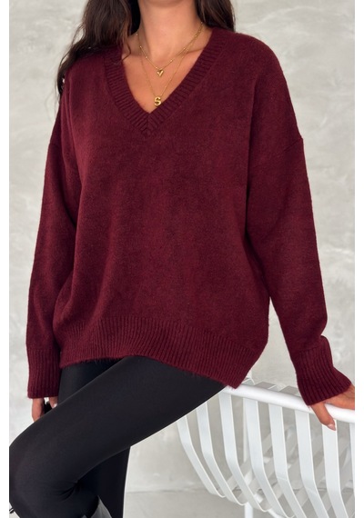 Femelle Kadın Bordo V Yaka Standart Beden Oversize Basic Triko Kazak