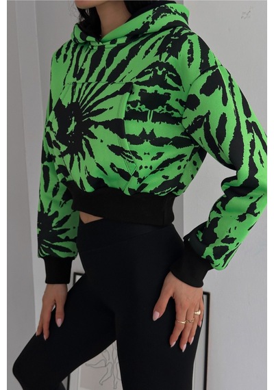 Femelle Yeşil Kapüşonlu Kanguru Cepli Renkli 3 İplik Şardonlu Crop Sweatshirt