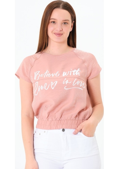Sortie Collection Reglan Kollu Yazı Baskılı Beli Lastikli Bluz Pembe