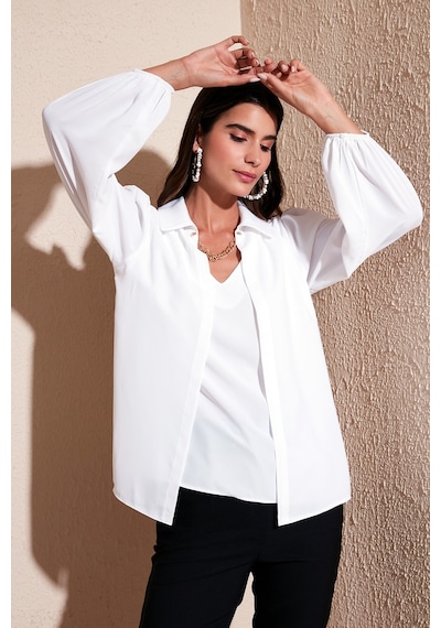 Lela Regular Fit V Yaka Balon Kol Bayan Bluz 611Bz0353 Ekru