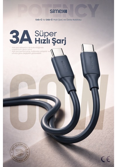 Simex 60w Hızlı Şarj Type-c Kablosu İphone, Samsung, Redmi, Uyumlu, Soft Silikon, Dayanıklı 1.2m Spk-14