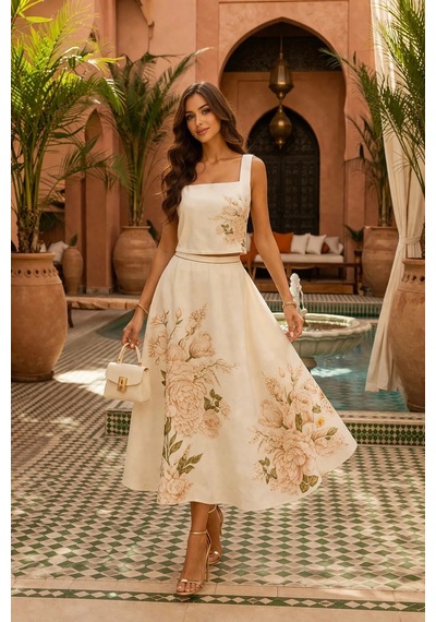 Asprinfashion Baskılı Kare Yaka Etek Bluz Takım Krem