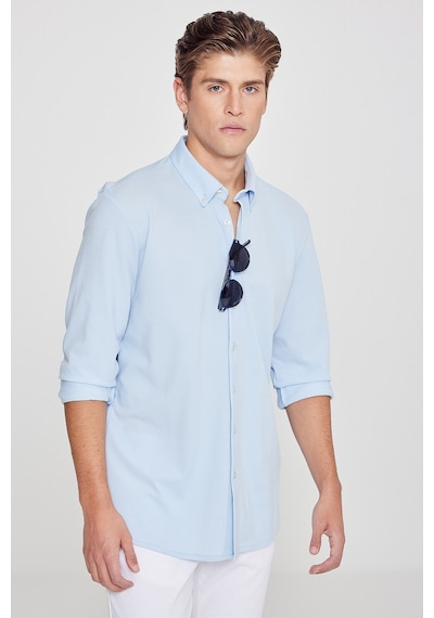 AC&Co / Altınyıldız Classics Erkek Acık Mavı Pamuklu Tailored Slim Fit Dar Kesim Düğmeli Yaka Örme Gömlek