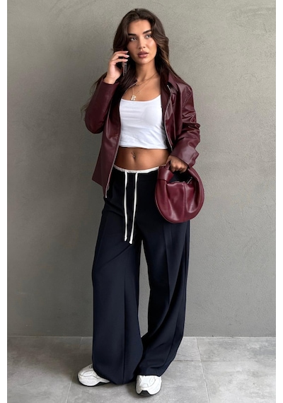 Madmext Lacivert Çift Bel Bantlı Wide Leg Kadın Pantolon Mg2551 Lacivert