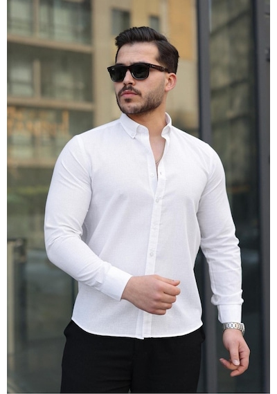 Baselco Premum Dik Yakalı Slim Fit Keten Görünümlü Gömlek Beyaz