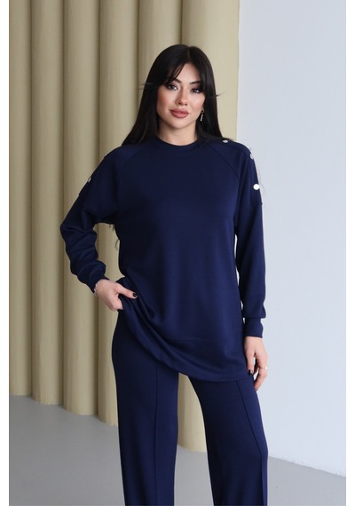 Balenbi Omuz Çıtçıt Detaylı Bisiklet Yaka Oversize Modal Tesettür Takım 1178 Lacivert