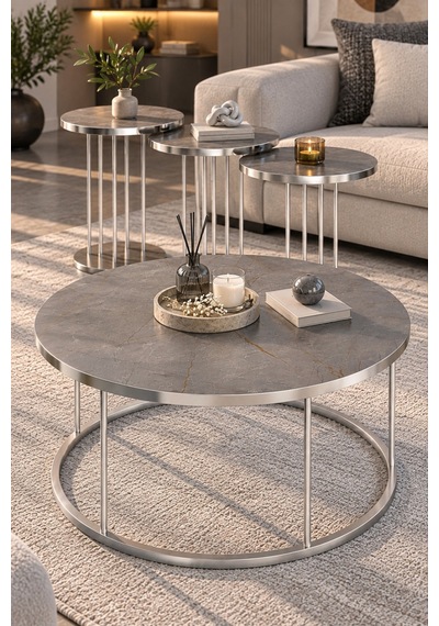 Sulorahome Gordion Griye Gümüş Metal Ayaklı 4'lü Sehpa Seti Açık Gri