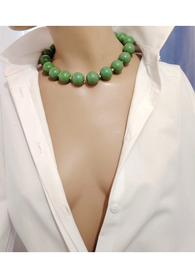 Manolya Büyük Akrilik Boncuk Choker Kolye 5 Renk Haki Yeşil