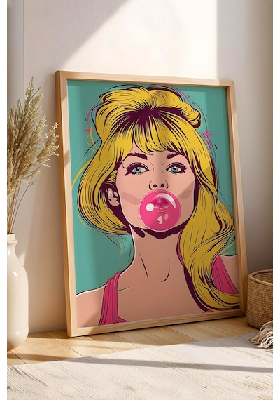 Balon Çiklet Şişiren Kadın Çerçeveli Tablo - Pop Art Poster Tablo