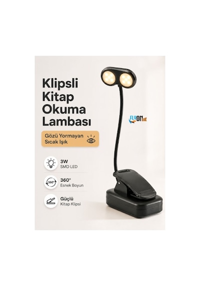 Gözü Yormayan Klipsli Kitap Okuma Işığı 3w Smd Led Mandallı Pilli Lamba 360 Esnek Boyun Sarı Ve Beyaz Işık Siyah