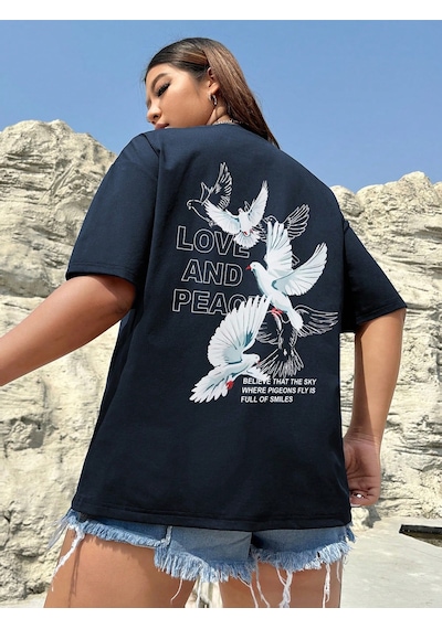 Uyguntarz Love And Peace Baskılı Unisex Oversize Tshirt Lacivert