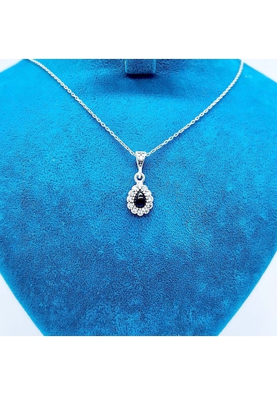 Damla Model Zirkon Ve Oltu Taşı İşçilikli 925 Ayar Gümüş Kolye Siyah