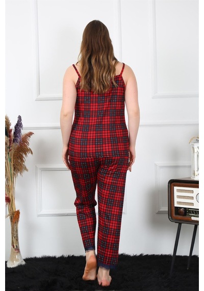 Akbeniz Kadın Büyük Beden Kırmızı Ekoseli İp Askılı Pijama Takım 202197 Kırmızı