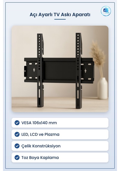 Tv Askı Aparatı 106x140 Mm Açı Ayarlı Duvar Tipi Çelik Konstrüksi