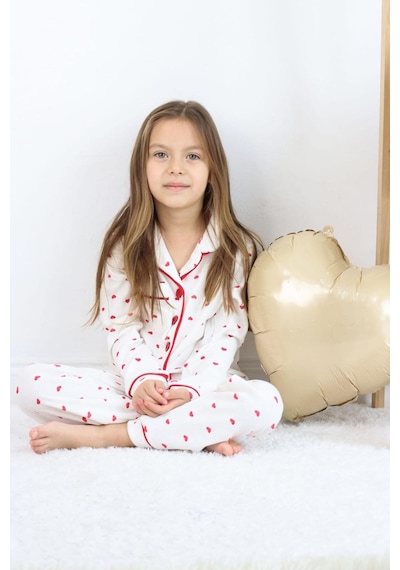 Kız Çocuk Kırmızı Kalpli Pamuklu Pijama Takımı - Uzun Kollu Düğmeli Rahat Takım Kırmızı