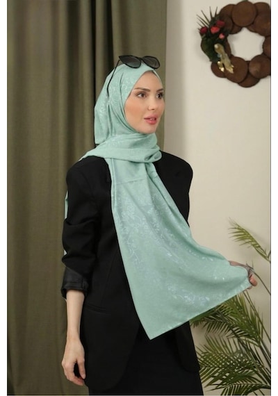 Flora Tekstil Çiçekli Desen İnce Medine İpeği Jakar Şal Mint Yeşili