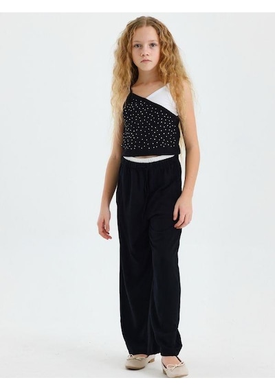 Kız Çocuk Taşlı Askılı Crop Bluz-15567 Siyah