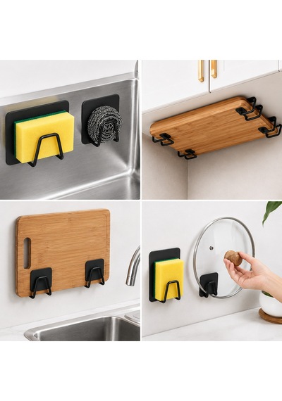 Mainshop Siyah Yapışkanlı Çok Amaçlı Tutucu 6 Lı Set - Bulaşık Süngeri, Mutfak Ve Banyo Askısı M-sng1