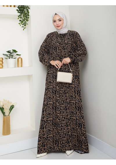 Nevayla Moda Önü Büzgülü Viskon Elbise - Siyah/taba / E0130 Siyah/taba