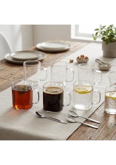 6 Adet Kare Cam Kupa Seti - Kulplu Isıya Dayanıklı Çay, Kahve, Espresso Ve Meşrubat Bardağı Takımı 230 Ml Acı Kahve