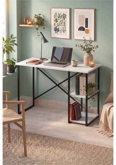110x50 Cm 2 Raflı Çalışma Masası Bilgisayar Masası Ofis Masası Ders Masası Ümit Beyaz