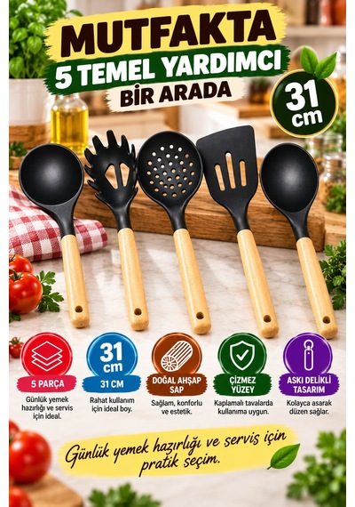 5'li Mutfak Servis Seti Ahşap Saplı 31 Cm Kepçe Kevgir Spatula Makarna Ve Servis Kaşığı Mutfak Seti