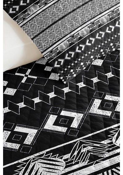 Siyah Geometrik Genç Odası Tek Kişilik Pike Takımı - Bohem Beyaz 160x220 Cm Kapitone Yatak Örtüsü Kırsal Saten Nefesi