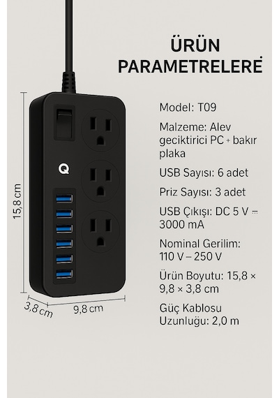 Uzatma Kablosu 6 Usb 3 Priz Girişli Aşırı Gerilim Koruyuculu T09