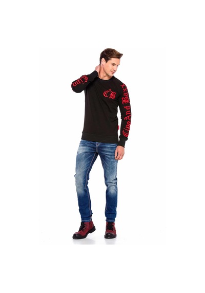 Cipo & Baxx CL370 Nakışlı Bisiklet Yaka Kalın Erkek Sweatshirt Siyah