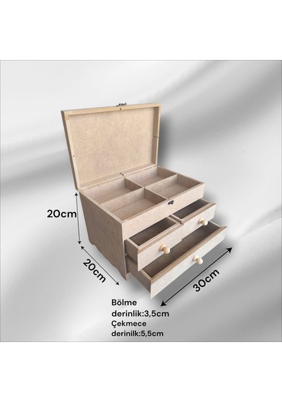 Ahşap Boyanabilir- Ham Mdf- 3 Çekmeceli-4bölmeli Organizer Kutu