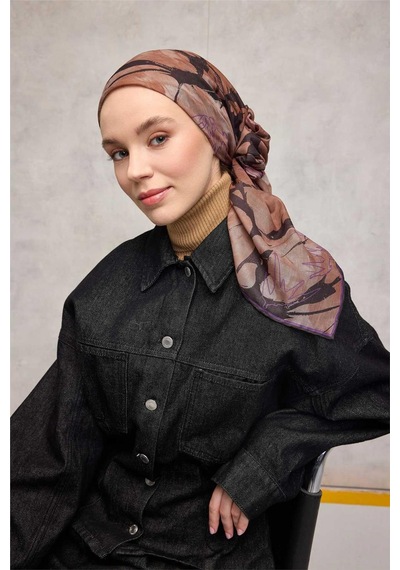 Silk Home Pamuk Polyester Soft Eşarp Yaprak Desen Mor 90x90 Çok Renkli