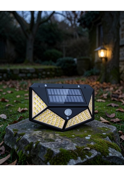 Güneş Enerjili 100 Led Hareket Sensörlü Dış Mekan Lamba Xuczzzduvarlambası-1-1 Beyaz