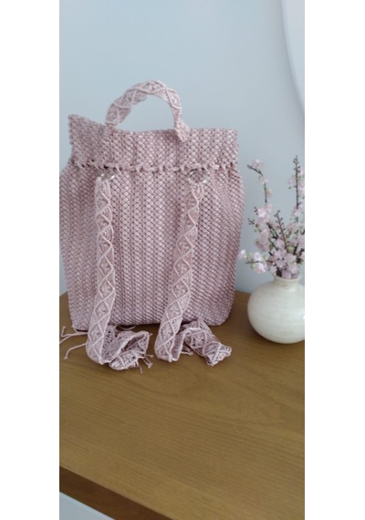 El Yapımı Makrome Sırt Çantası AÇIK PEMBE