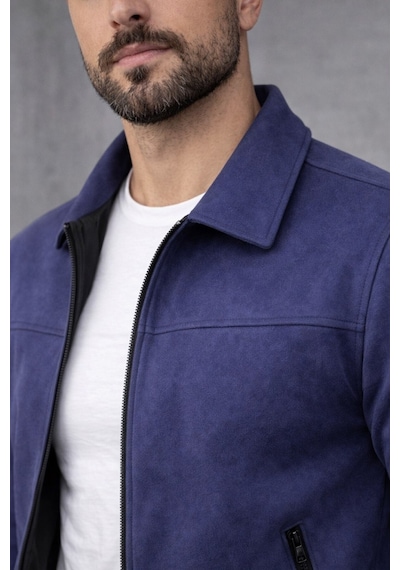 Baselco Basic Slim Fit Polo Yaka Süet Ceket Lacivert