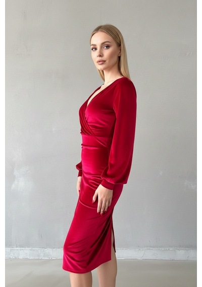 Defymoda Kadın Asimetrik Kesim Kruvaze Elbise Kırmızı
