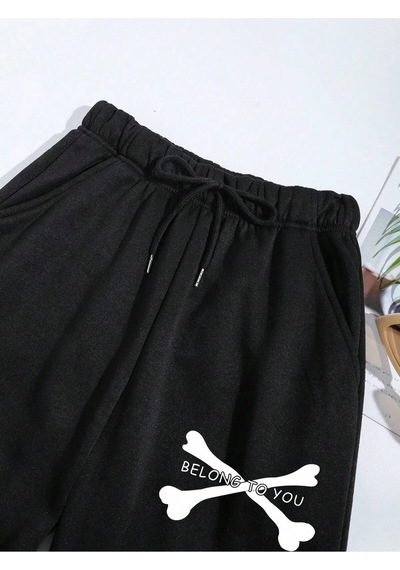 Halloween Skull Print Drawstring Waist 4 Mevsim Eşofman Siyah