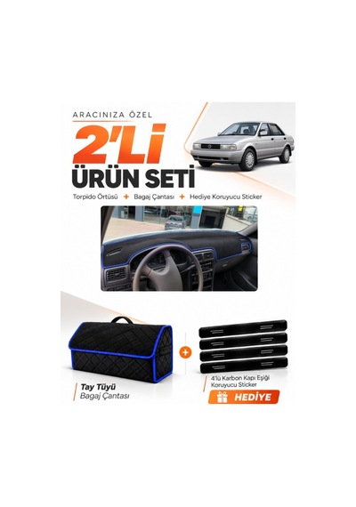 E-biz Nissan Sunny 1990-1995 Uyumlu Torpido Örtüsü + Tay Tüyü Bagaj Çantası - Siyah-mavi - Nı018
