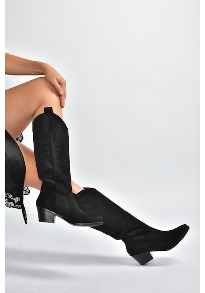 Fox Shoes V820356002 Siyah Süet Kalın Topuklu Kadın Çizme Siyah