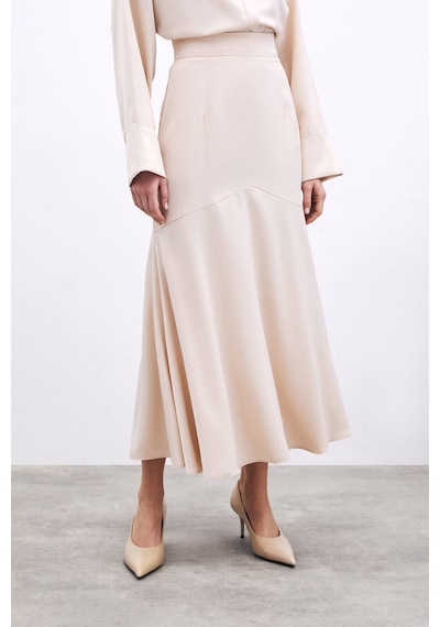 Sateen Kesik Detaylı Saten Etek - Bej-135907 Bej
