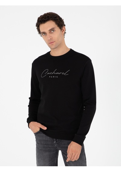 Siyah Regular Fit Bisiklet Yaka Pamuklu Sweatshirt