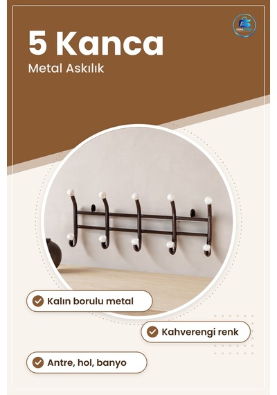 Kalın Borulu Metal Duvar Asılığı Askılık 5 Kanca Antre Hol Giriş Çok Renkli