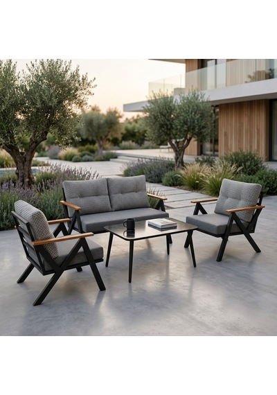 Venedik 2+1+1+sehpa Metal Balkon Takımı Keten Dokulu Kumaş Siyah Metal - Bahçe Teras Oturma Grubu